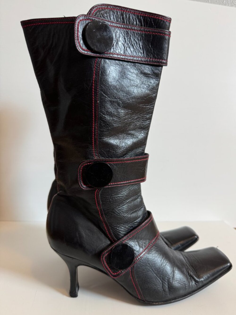 Vintage Black Leather Kitten Heel Boots Whimsygoth Y2K Size 8.5 - Picture 2 of 5